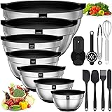AIKKIL Mixing Bowls with Airtight Lids, 20 piece Stainless Steel Metal Nesting Bowls, Non-Slip Silicone Bottom, Size 7, 3.5,