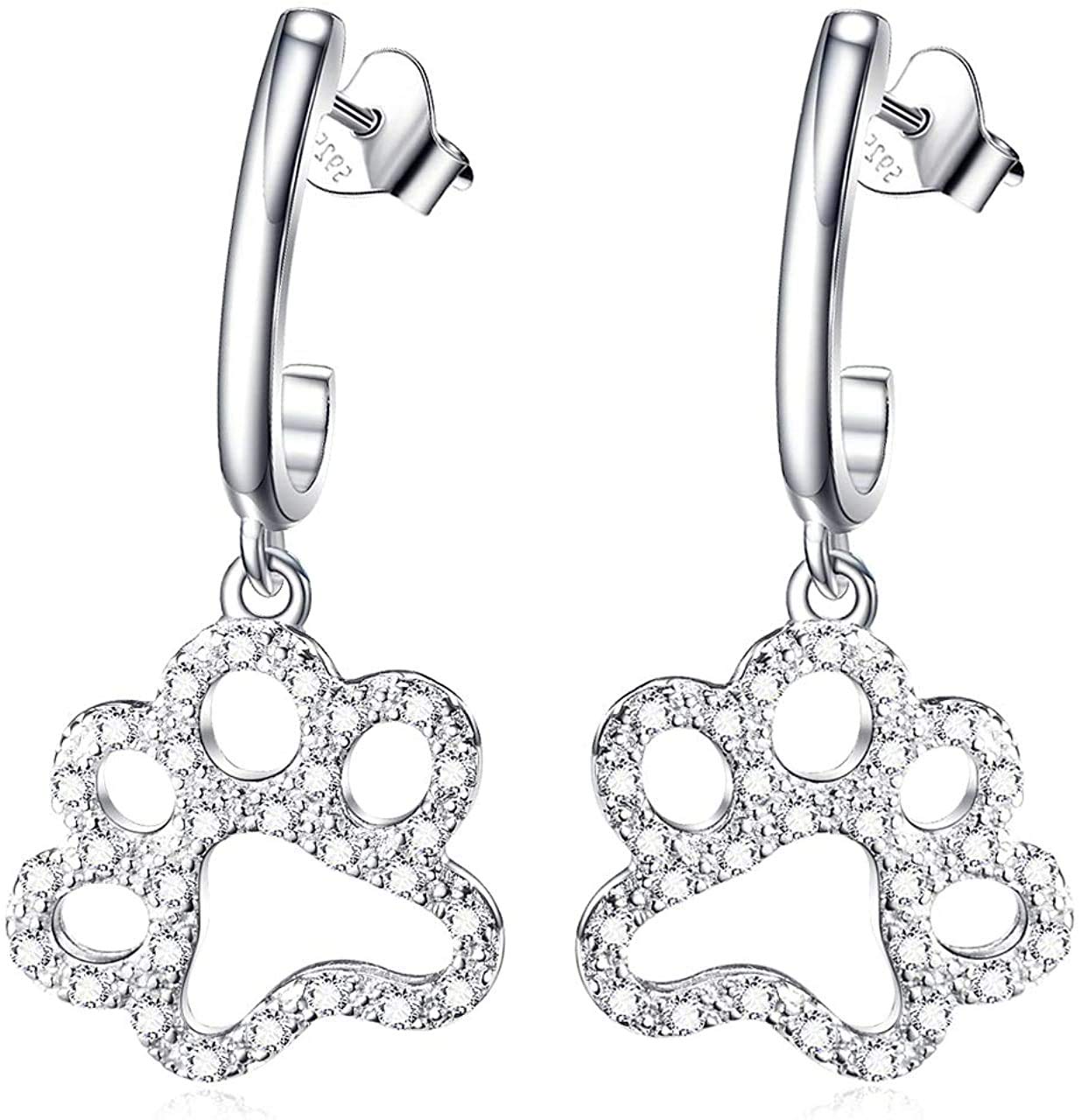 YAFEINI Paw Print Earrings Sterling Silver Dog Paw Earrings Puppy Paw Drop Dangle Earring for Women