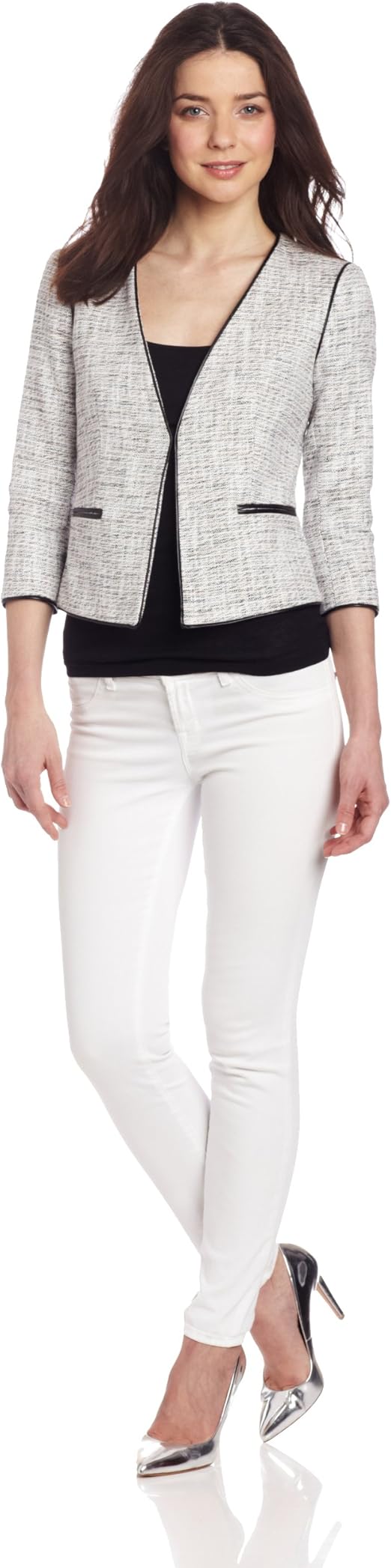 DKNYC Women's Three Quarter Sleeve Jacket With Faux Leather Piping