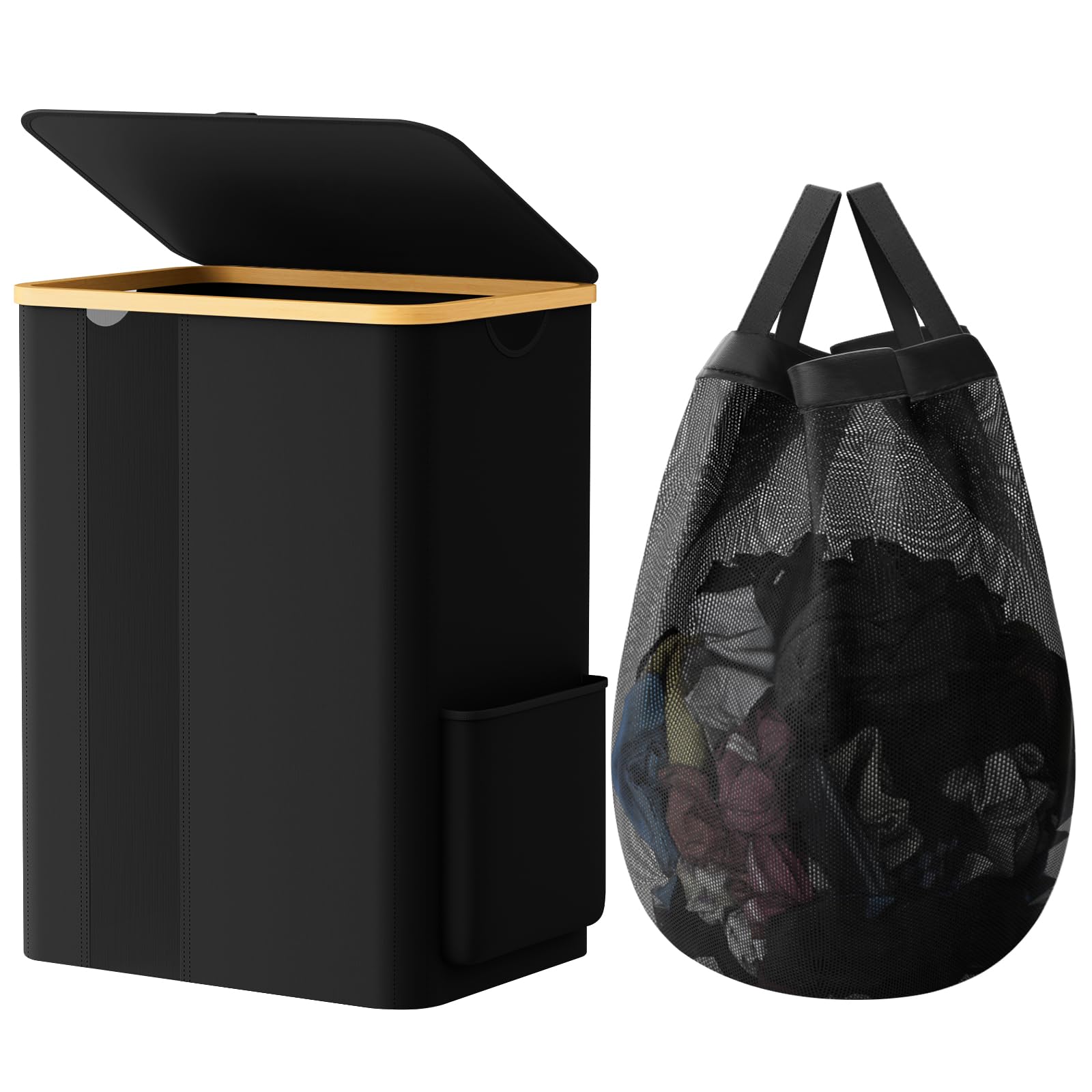 SpaceTrove Laundry Basket Clothes Hamper with Lid and Side Pocket Large Collapsible Laundry Baskets with Handle, Freestanding Hampers for Bedroom Aesthetic, Dorm, Bathroom, Laundry Room (80L, Black)