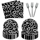 96 Pieces Black Heart Early 2000s Disposable Paper Tableware Set Serve 24 Guests Love Heart 90s Old School Table Decoration for Y2k Birthday Party