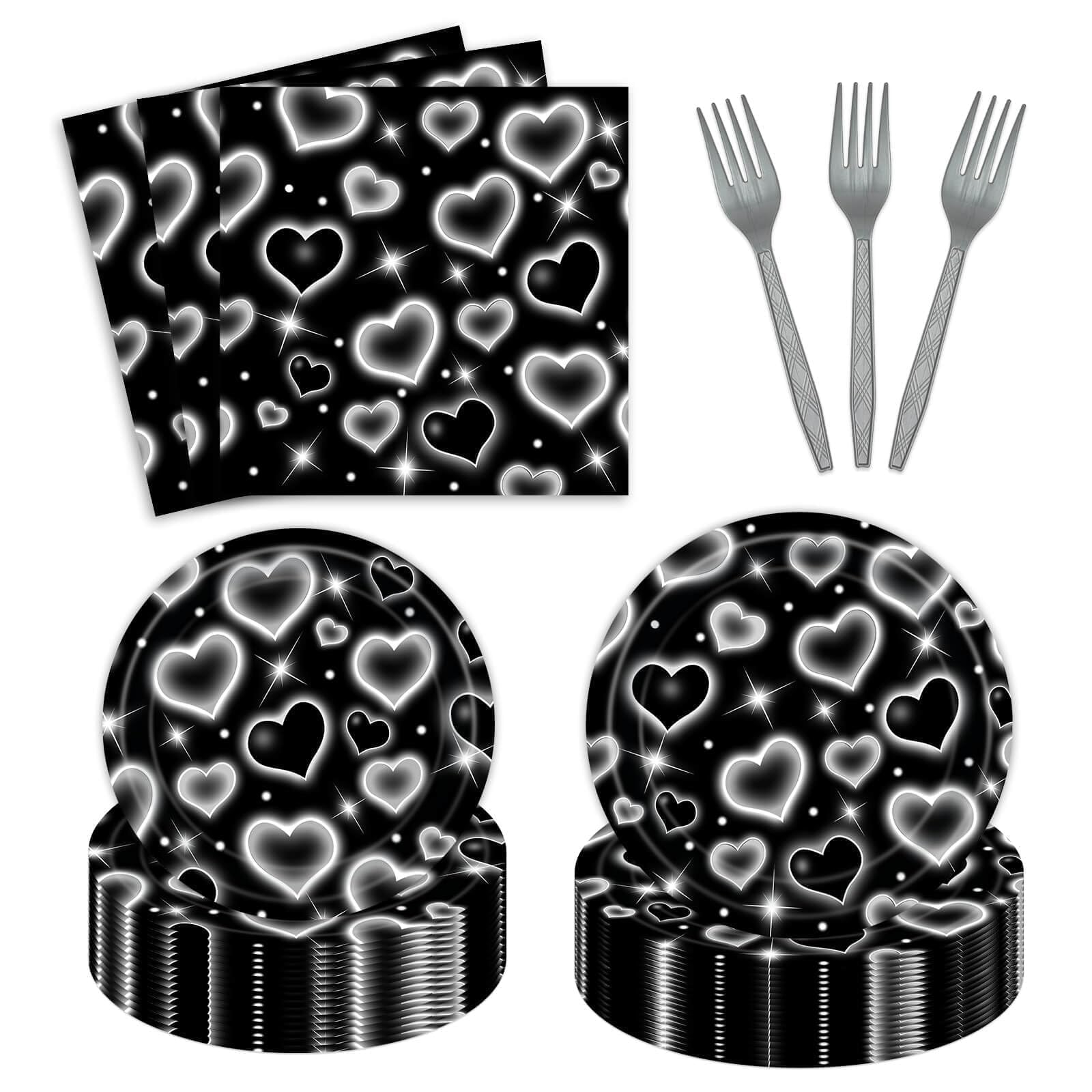 Photo 1 of 96 Pieces Black Heart Early 2000s Disposable Paper Tableware Set Serve 24 Guests Love Heart 90s Old School Table Decoration for Y2k Birthday Party