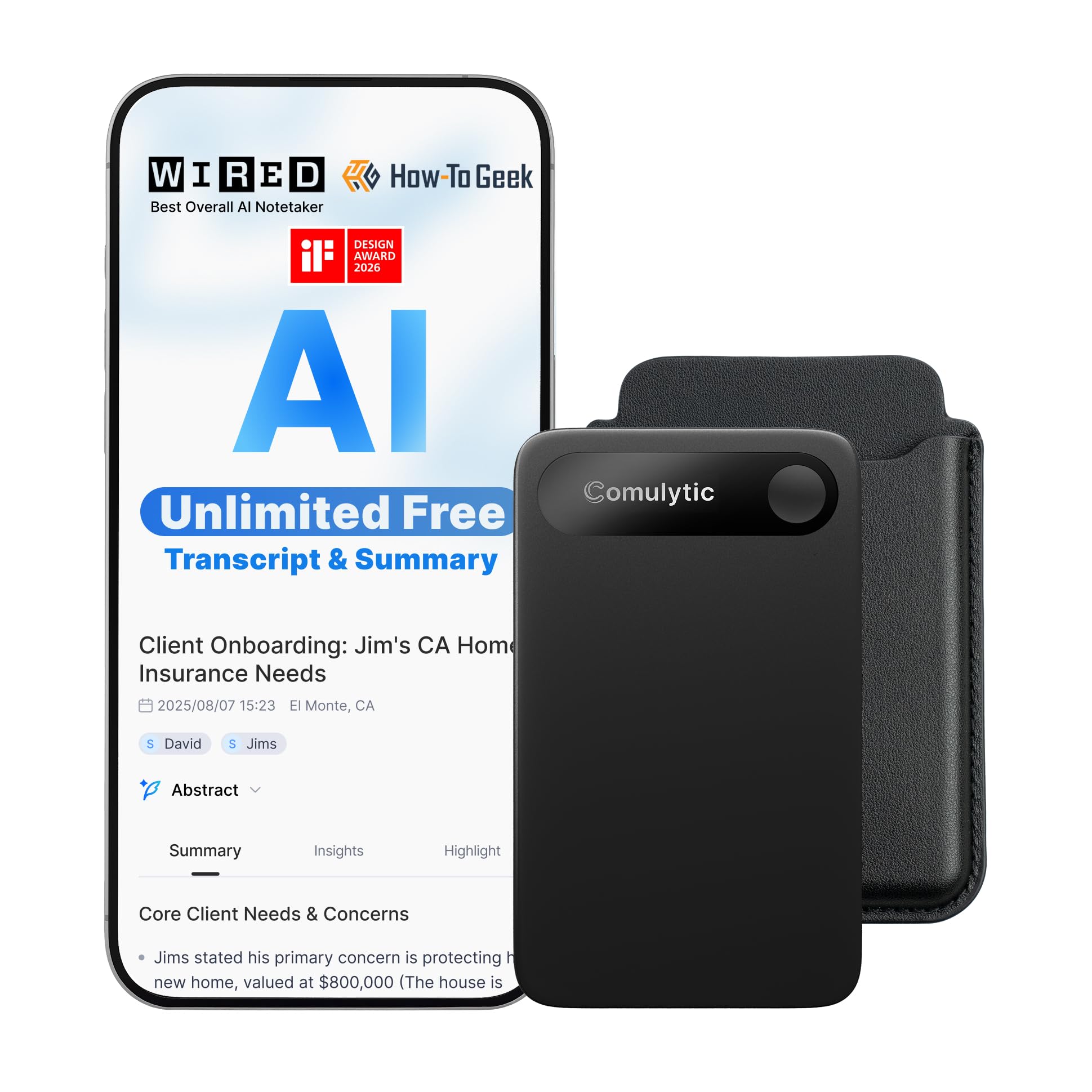 Photo 1 of Comulytic Note Pro AI Voice Recorder, Unlimited Transcribe & Summarize, AI Note Taking Recording Device w/Case, App Control, 113 Languages for Calls, Meetings, Lectures, Interviews, Black