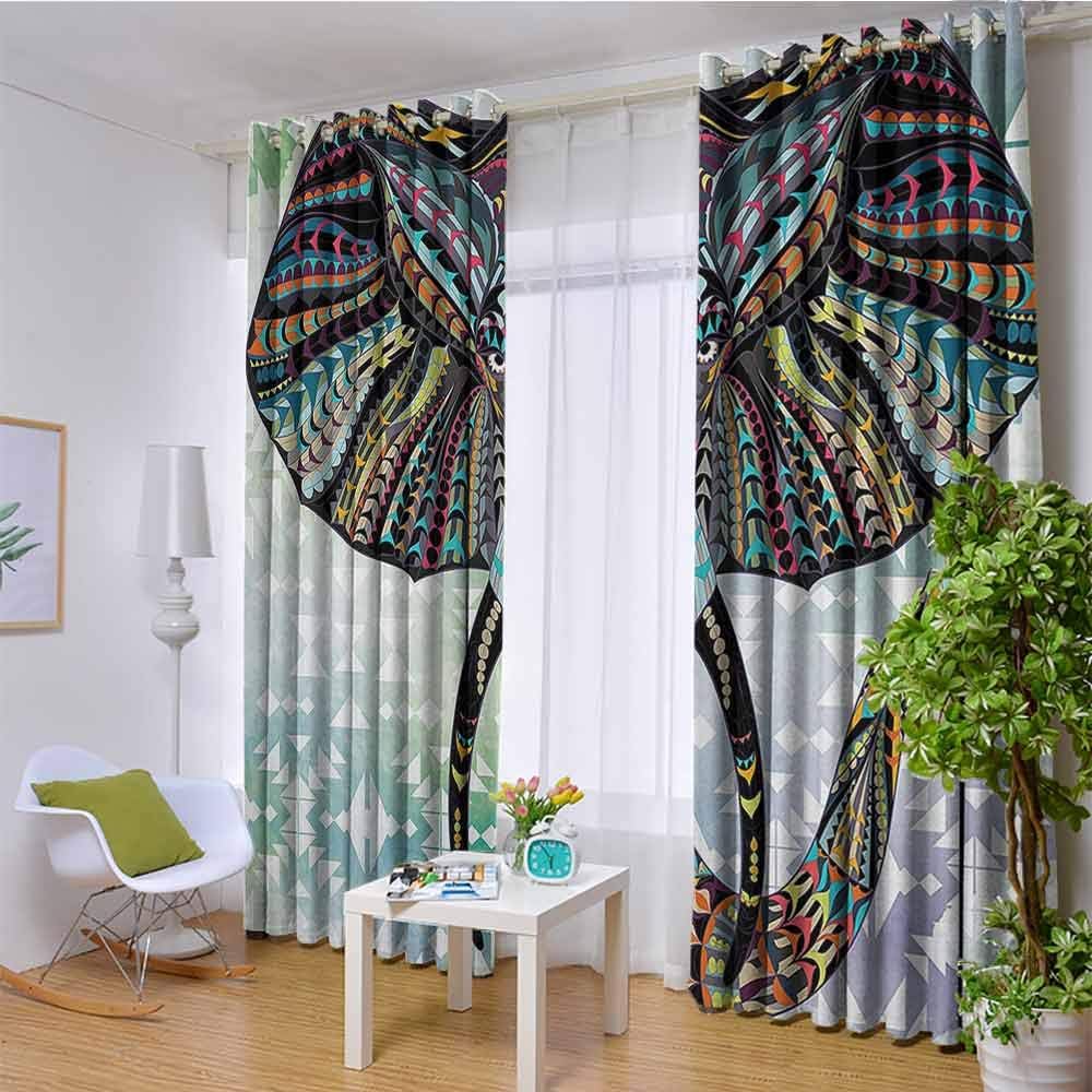 hengshu Elephant Animal Figures Decorations Room Darkened Insulation Grommet Curtain Nursery Vintage Tribe Stripe Pattern Design Theme Living Room W96 x 108 Inch Long