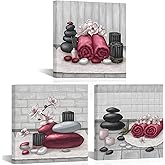 RnnJoile Spa Canvas Wall Art Zen Stone Orchid Picture Painting Burgundy Red Still Life Prints for Bathroom Zen Meditation Room Decor Framed 12"x12" for Each