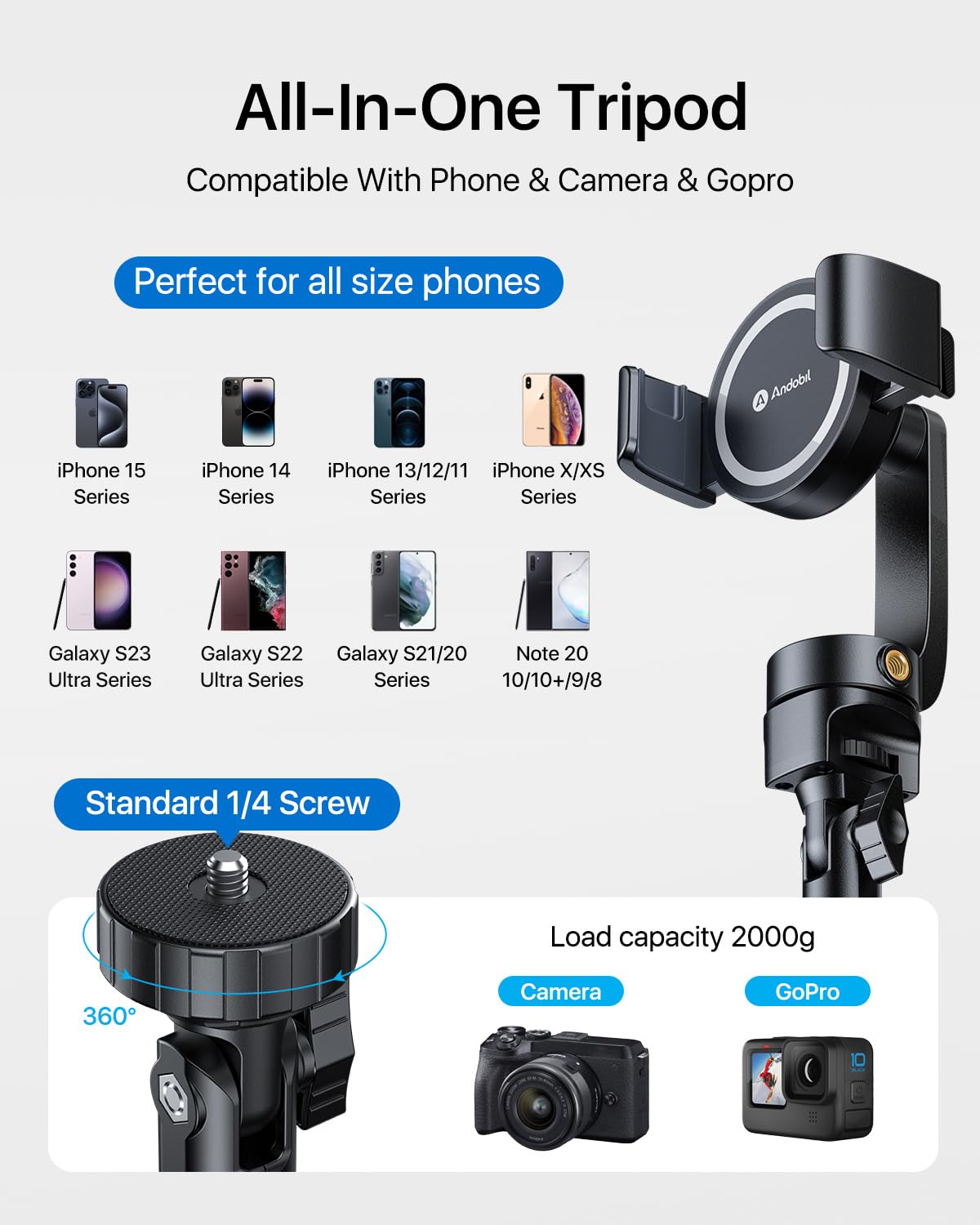 andobil MagStick Selfie Stick Tripod Compatible with MagSafe [Redefined Phone Tripod] 63.5