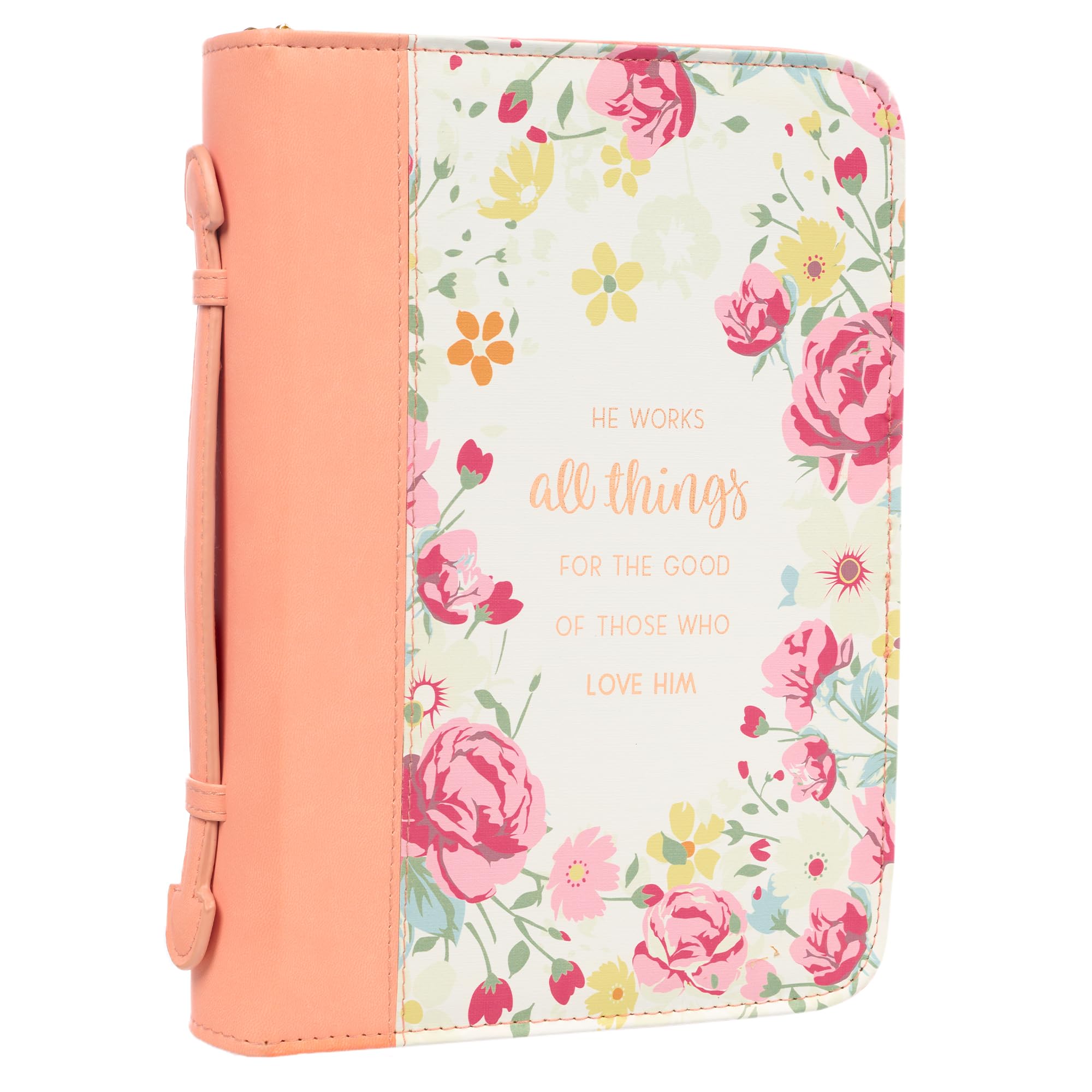 Christian Art Gifts Women's Fashion Bible Cover He Works All Things for Good Romans 8:28, Peach Floral Faux Leather, Large