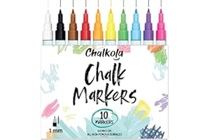 CHALKOLA Chalk Markers Fine Tip (10 Pack, 1mm Extra Fine Point) - Neon Liquid Chalk Pens for Blackboards, Chalkboard, Bistro, Car Windows, Dry Erase Boards, Glass - Thin, Wet Erase, Erasable Chalkboard Markers