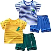NautySaurs Toddler Boys 4 Pieces T-shirts and Shorts Summer Outfit Striped Shirt Short Set