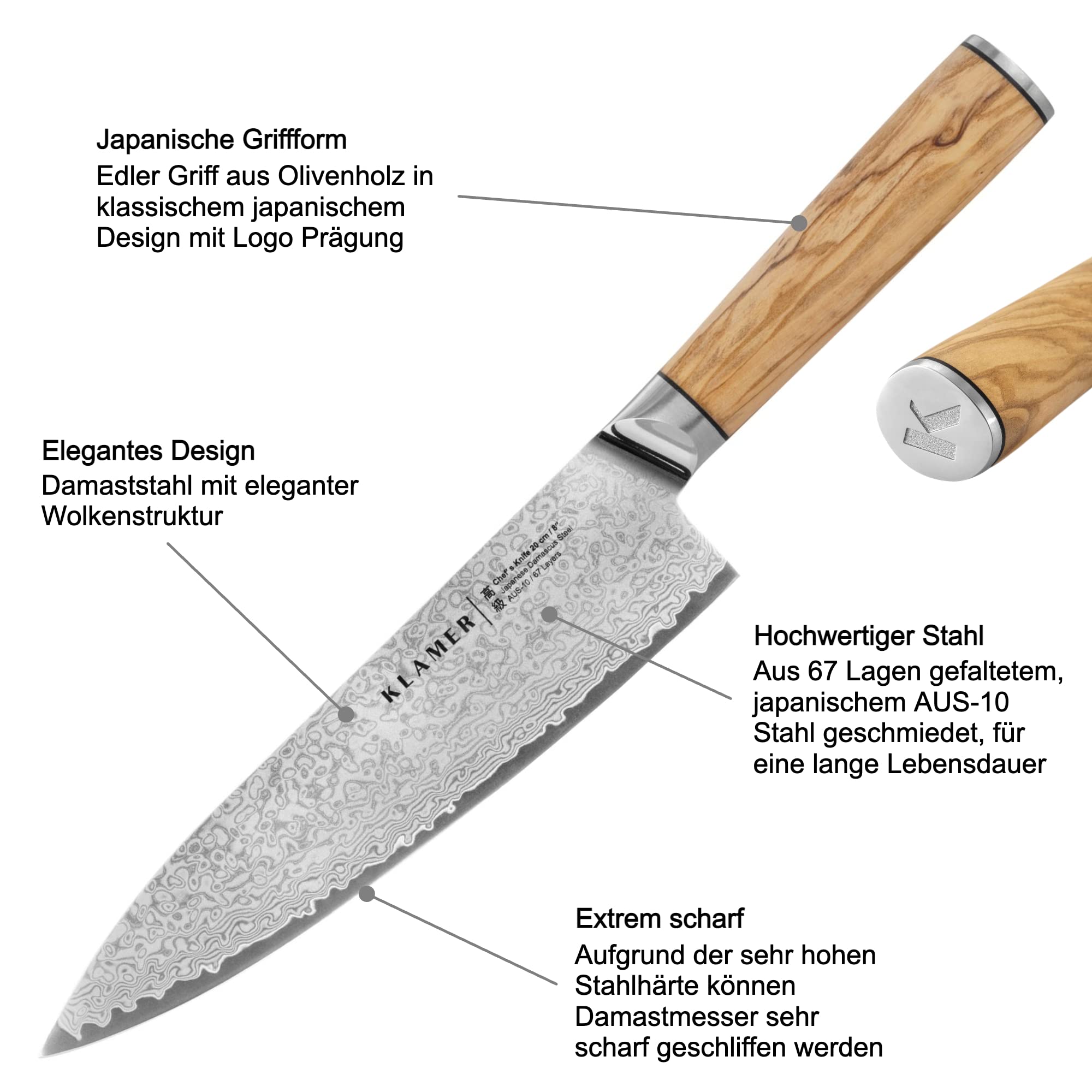 KLAMER Damast Chefmesser 20cm, extra scharfes Küchenmesser, echter japanischer Damaststahl, Fleischmesser 4
