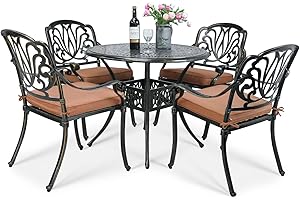 VIVIJASON 5-Piece Outdoor Patio Dining Set, All-Weather Cast Aluminum Conversation Set, Patio Furniture Set for Balcony Lawn Garden, Include 4 Cushioned Chairs, a 35.4 inch Round Table w/Umbrella Hole