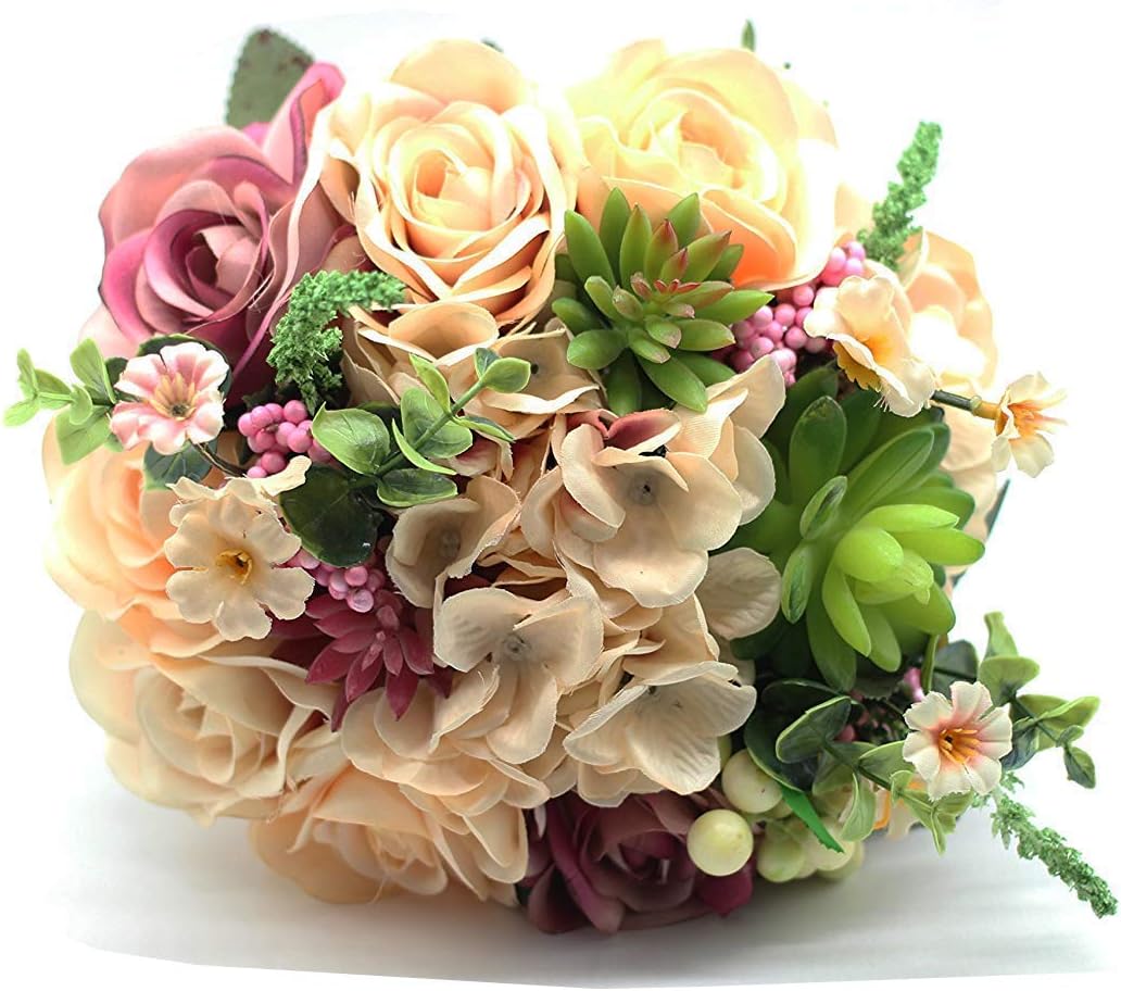 YokokeWedding Bridal Bridesmaid Bouquet Wedding Holding Flower Artificial Peony Rose Green Succulent for Wedding Church Party Home Decor
