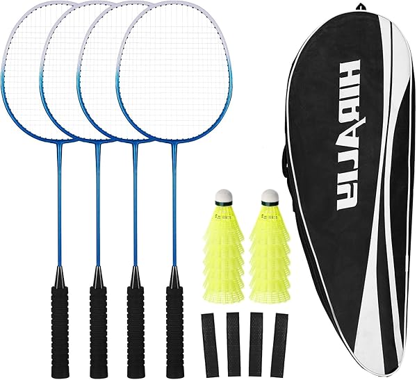 HIRALIY Badminton Schläger für Spiele im Freien, leichtes Federball 4er-Set für Kinder & Erwachsene & Anfänger, inklusive 4 Schläger, 12 Nylon-Federbälle, 4 Ersatz-Griffbänder, 1 Tragetasche