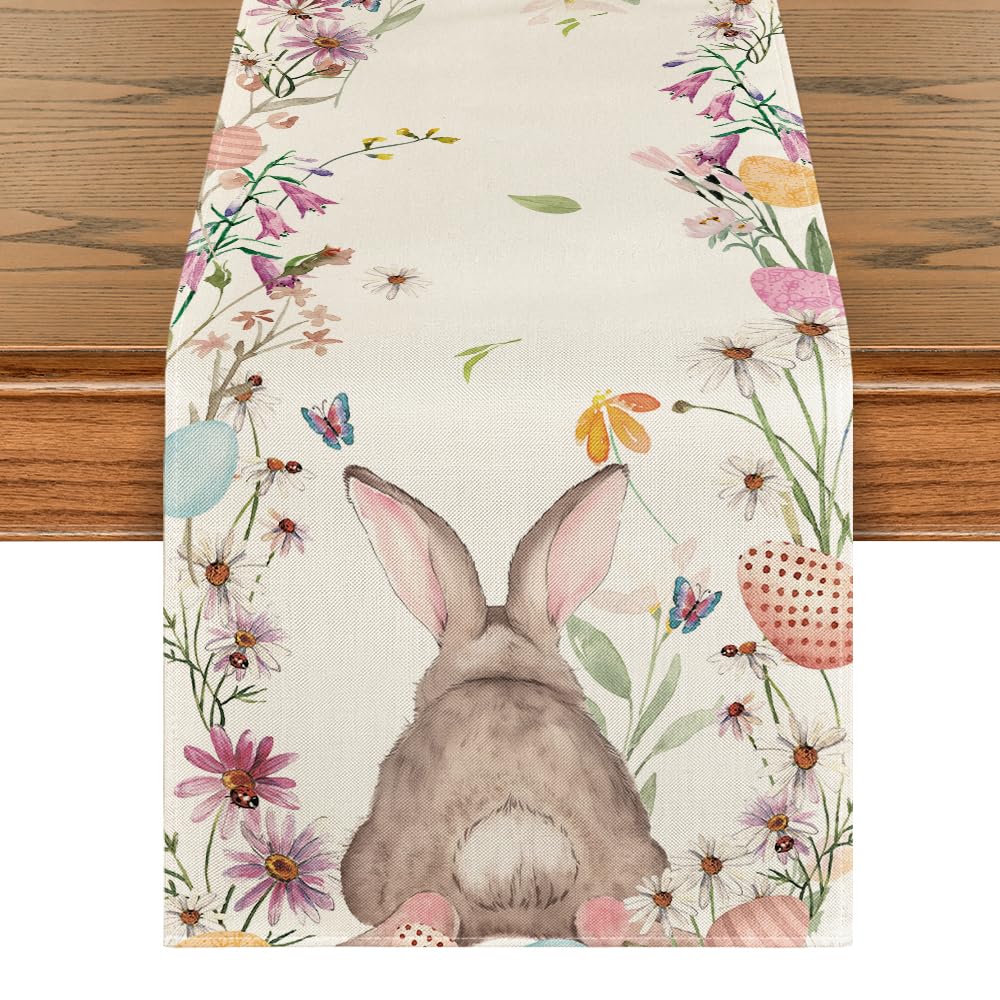 Artoid Mode Watercolor Rabbit Eggs Floral Easter Table Runner, Seasonal Spring Kitchen Dining Table Decoration for Home Party Decor 40x180 cm