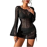 OYOANGLE Women's Crochet Beach Cover Up Bell Long Sleeve Drawstring Swim Dress Mesh Sheer Coverups