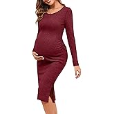 Ficerd Women's Ribbed Knit Maternity Dresses Long Sleeve Pregnancy Bodycon Dress 2025 Split Stretchy Clothes for Baby Shower