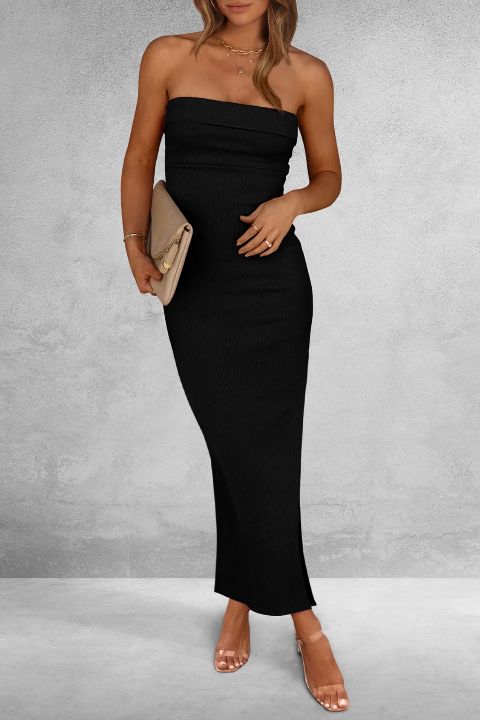 PRETTYGARDEN Women's Summer Bodycon Maxi Tube Dress Ribbed Strapless Side Slit Long Going Out Casual Elegant Party Dresses