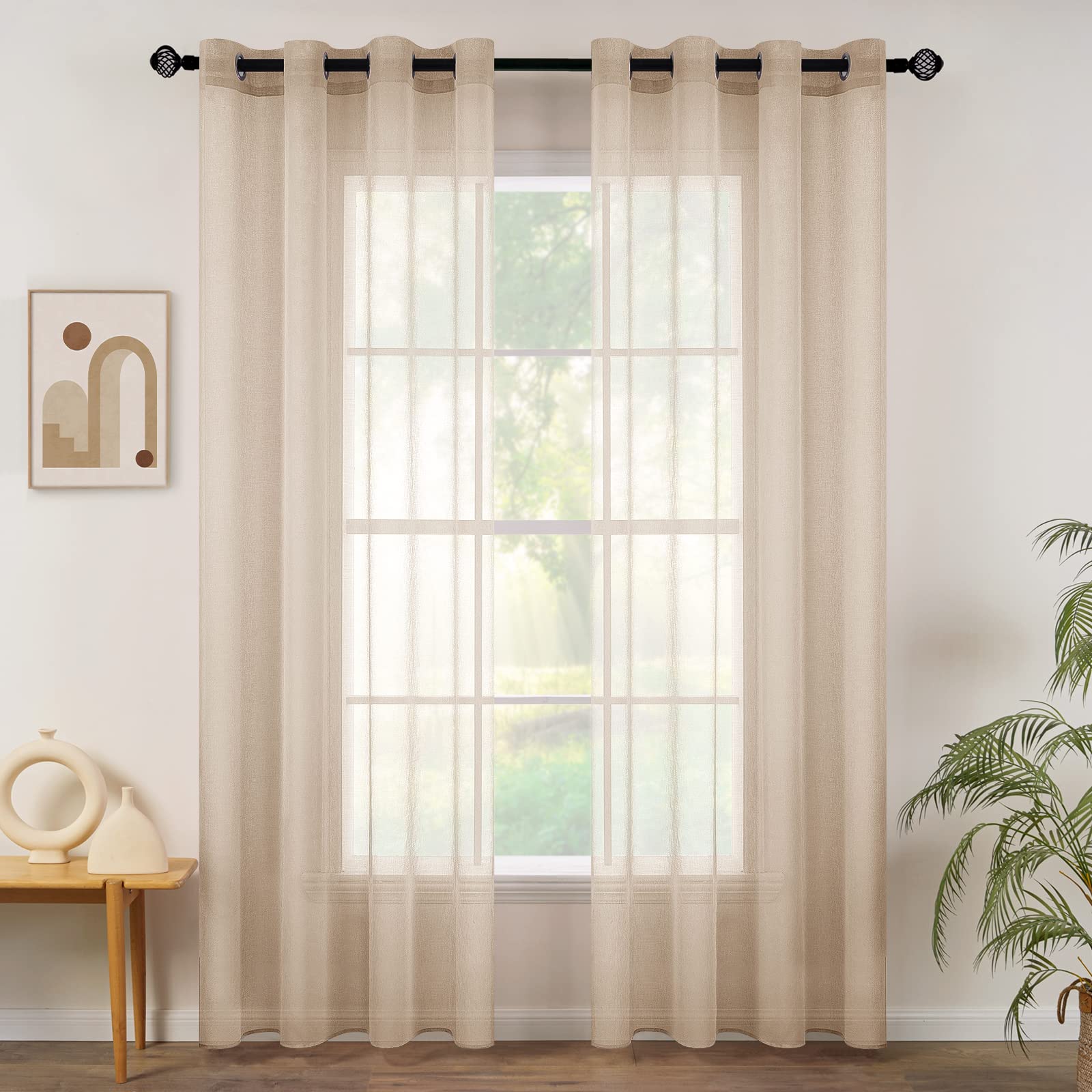 MIULEE 2 Panels Sheer Window Curtains Elegant Window Voile Panels/Drapes/Treatment for Bedroom Living Room 55" Wx88 L Grommet Top Light Khaki