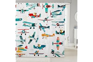 CASTLE FAIRY Cute Airplane Shower Curtain - Kids Boys Cartoon Plane Bathroom Curtain, Colorful Aviation Aircraft Waterproof, Star Lines, White, 72" Wx72" L, 12 Hooks