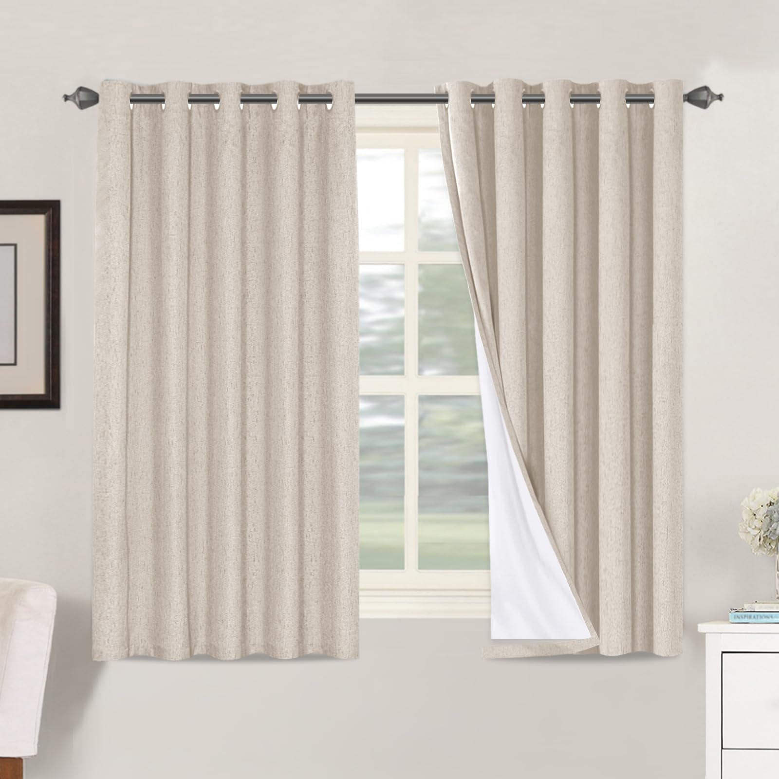BellaHills 100% Blackout Curtains for Bedroom Eyelet Linen Curtains for Living Room with White Coating Back Grommet Thermal Insulated Curtain 2 Panels, 66 x 54 Inch, Natural