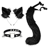 hbbhml Furry Animal Cat Fox Tail Faux Fur Wolf Ear Headband Leather Neck Chocker Costume Set for Party Halloween Cosplay