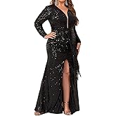 Madam Uniq Women 1920s Long Sleeve Sequin Dress Side Split Plus Size Formal Cocktail Wedding Guest Dresses Maxi Evening Gown