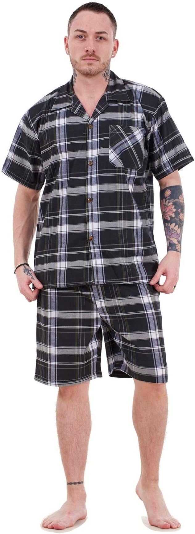 Mens Yarn Dyed Woven Pyjama Set Regular Big Size Check Cotton Blend Shorts M-5XL