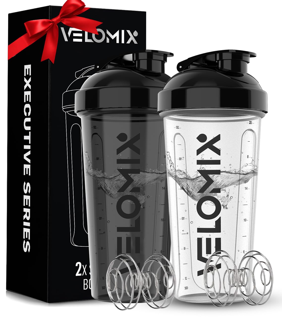 VELOMIX -2 Pack- 28 oz Protein Shaker Bottles for