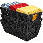 Paper Rope Storage Baskets for Shelves Organizing, Small Hand Woven Wicker Organizer Basket with Handle for Bathroom Toilet Paper Storage, Black, 3-Pack