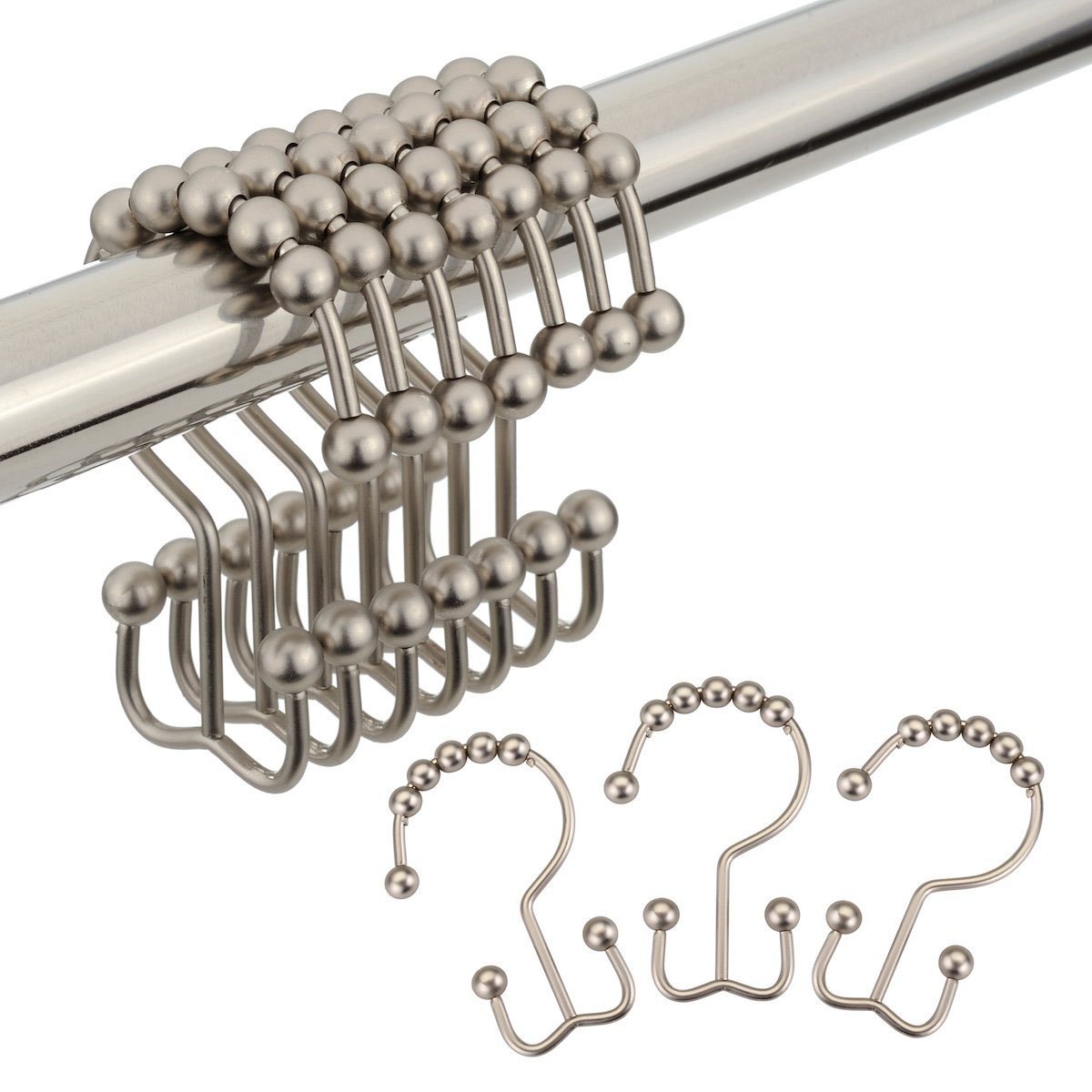 Amazer Shower Curtain Hooks Rings Double Shower Curtain Rings Stainless Steel Metal Double Glide Shower Hooks Rings for Bathroom Shower Rods Curtains, Matte Nickel, Set of 12 Hooks