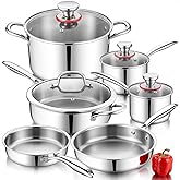 P&P CHEF 3-Ply Stainless Steel Cookware Set of 6, 10-Pieces Pots and Pans Sets Stainless Steel for Kitchen, Induction Multi Cooktops & Oven, Dishwasher Safe, Frying Pans, Saucepans, Saute Pan & Pot
