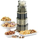 Broadway Basketeers Food Gift Basket Tower of Sweet Savory Snack Assortment | Snack assortment for mom, her, family, care packages, holidays, birthdays, and all occasion gifting. Kosher.