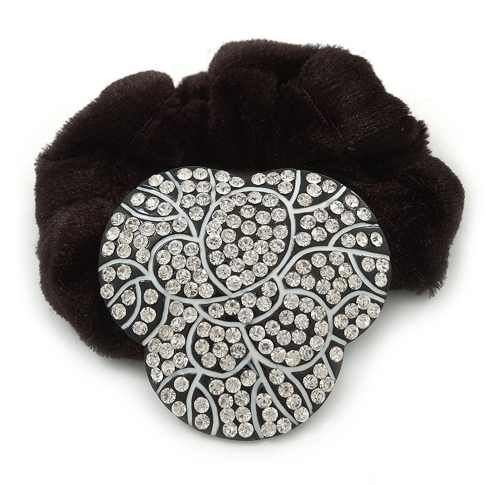 Black Tone Diamante 'Trinity' Pony Tail Black Hair Scrunchie - Clear