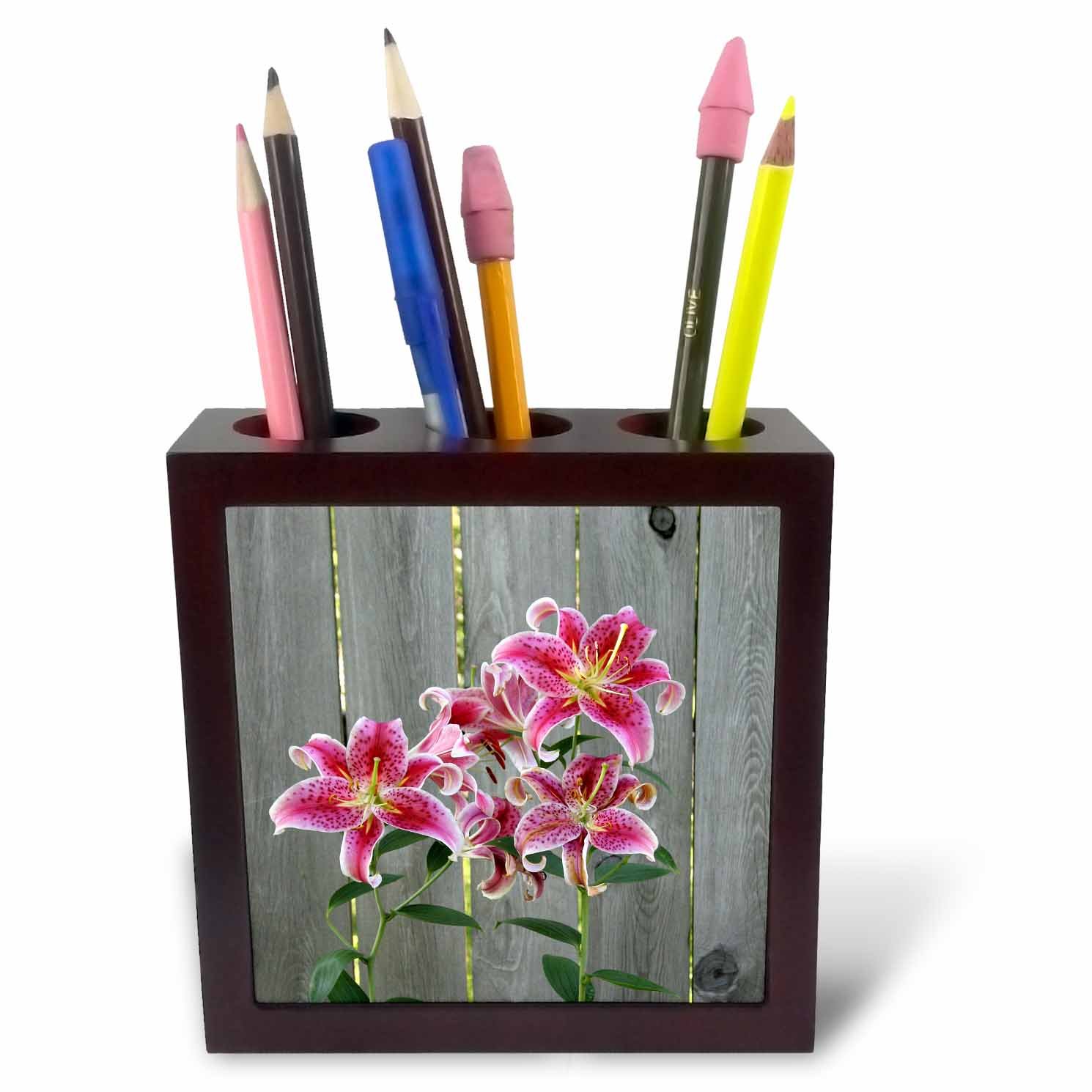 3dRose ph_228229_1 5-Inch "Stargazer Lily by Rustic Fence" Tile Pen Holder