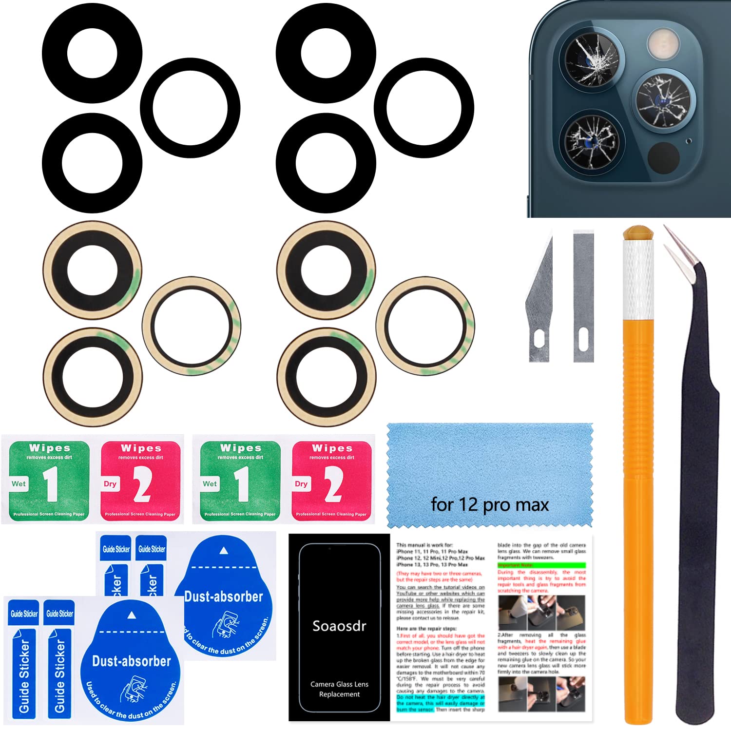 Photo 1 of 2 PCS Soaosdr Original Back Rear Camera Lens Glass Replacement for iPhone 12 Pro Max 6.7 inch with pre-Installed Adhesive+Reparing Toolkit+Installation Manual