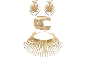 WAINIS African Collar Choker Necklace Earrings Bangle Set for Women Gold Statement Tooth Shape Tribal African Jewelry