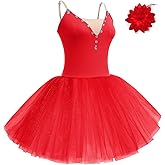 AFAVOM 2PCS Glitter Women Ballet Leotards Long Dance Ballerina Costume Adult Ballet Dress with Hair Clip Camisole Leotard