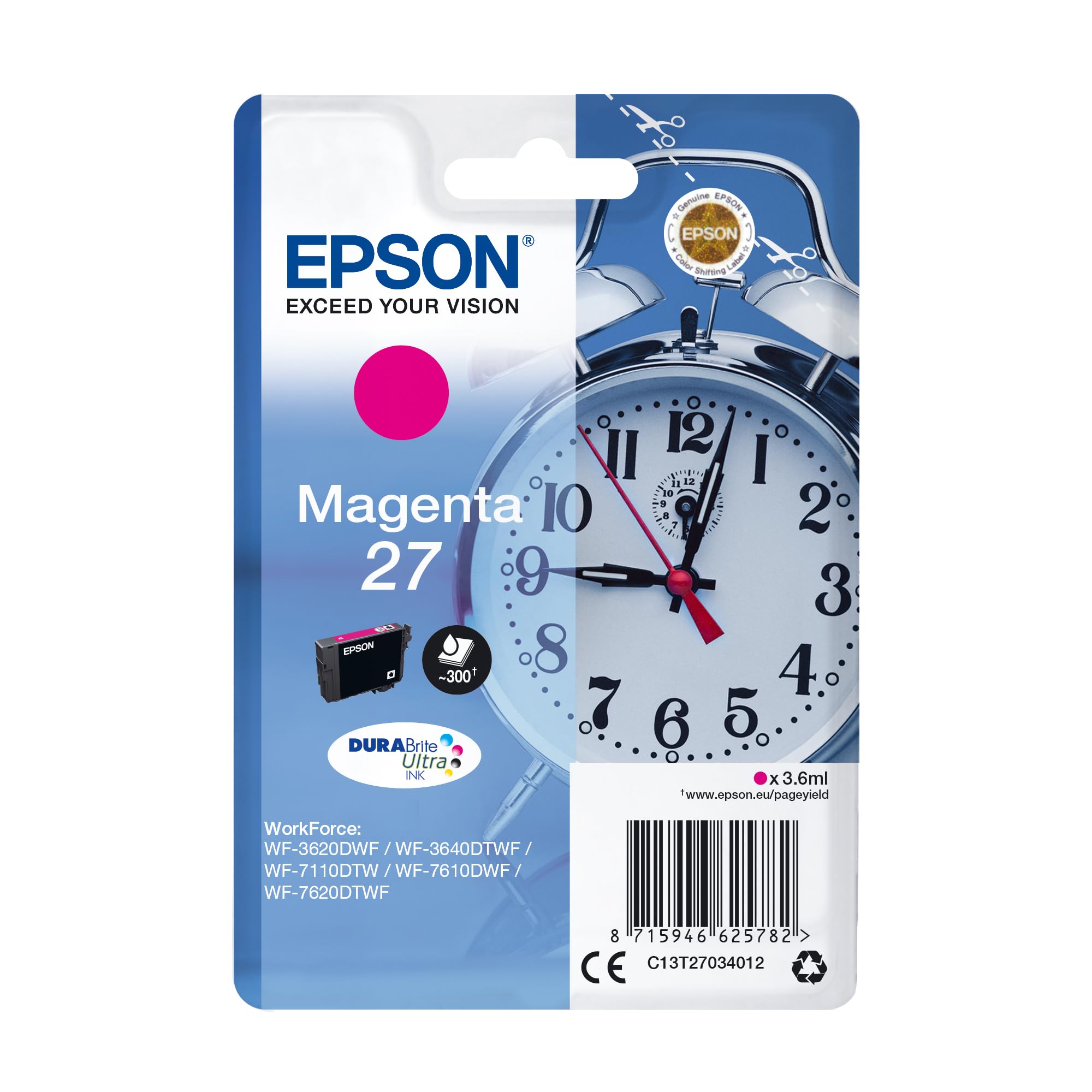 Epson 27 Magenta Alarm Clock Genuine, DuraBrite Ultra Ink Cartridge, Standard Capacity