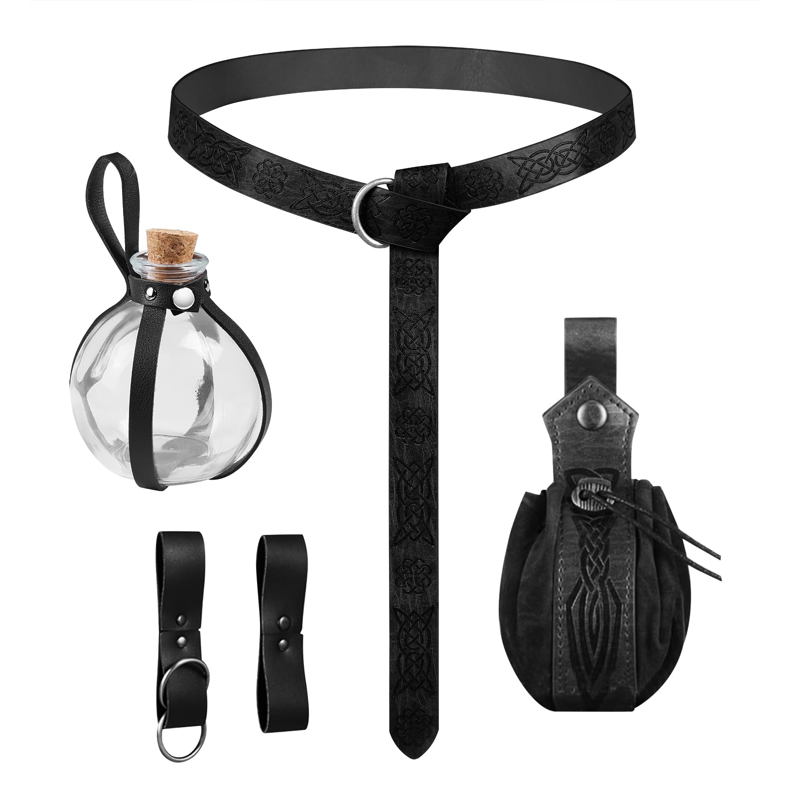 Photo 1 of JBKN Women Renaissance Accessories Medieval Viking Belt Potion Bottles Belt Bag Leather Skirt Hikes for Halloween Festival Cosplay(Deep Black)