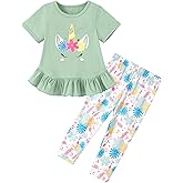 CARETOO Toddler Girl Clothes 2pcs Girl Spring Summer Outfit Ruffle Hem Short Sleeve Top and Floral Capri Pant 2-7 Years