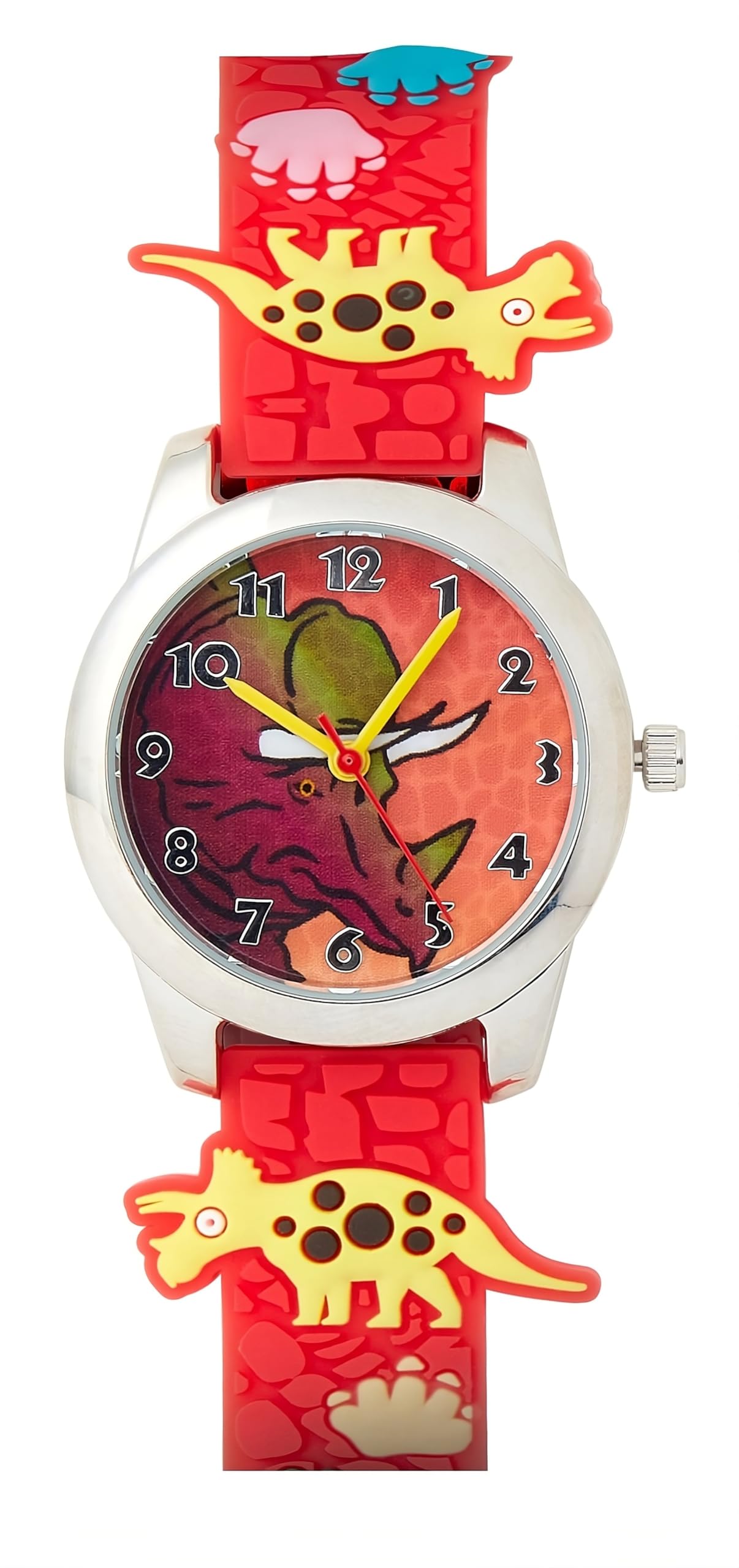 Kids Fun Time Triceratops Red Yellow Blue Dinosaur Watch Boys Girls Unisex Children's Teacher Dial Wrist Watch (BK006)