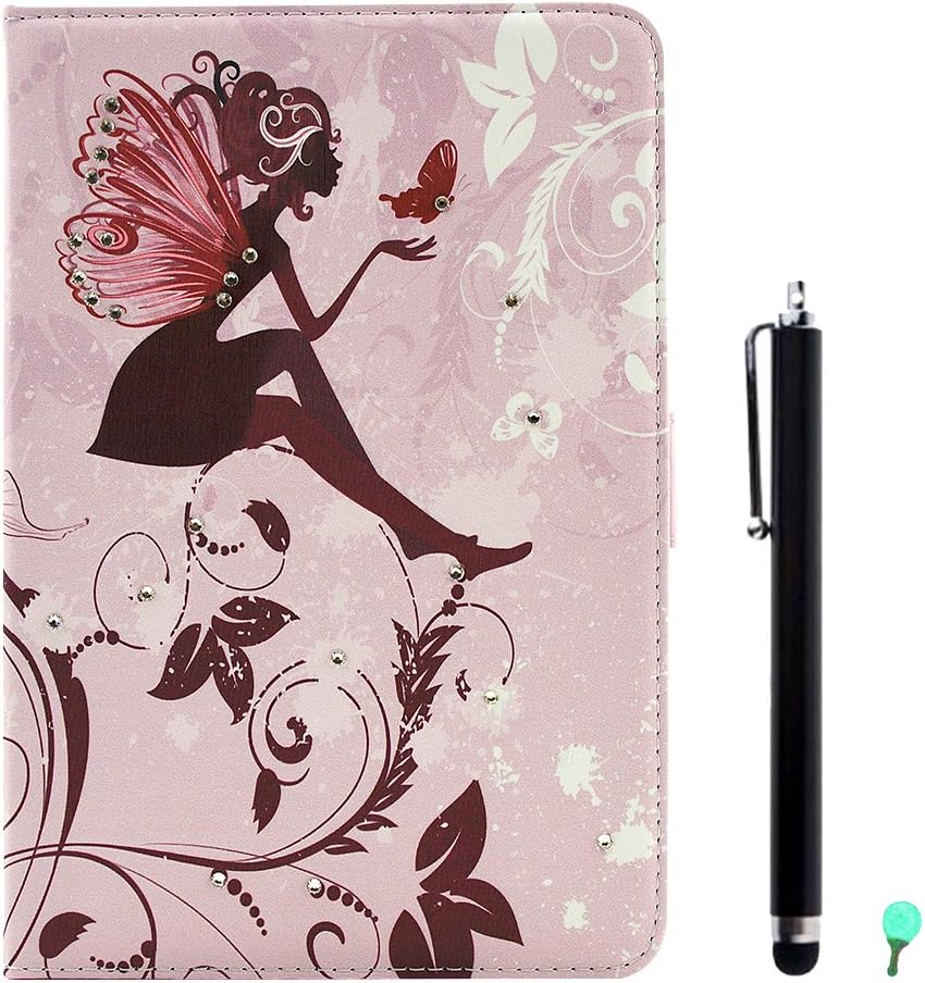 PU Leather Case for Samsung Galaxy Tab A 8.0 SM-T350, Aohro Bling Glitter Beautiful Flowers Series Diamond Folio Flip Stand Cover + Stylus Pen + Dust Plug - Butterfly Flower Fairy