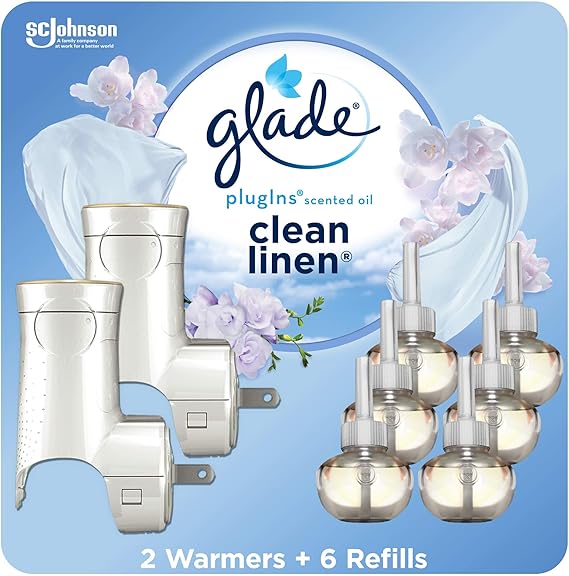 Amazon Com Glade Plugins Refills Air Freshener Starter Kit Scented And Essential Oils For Home And Bathroom Clean Linen 4 02 Fl Oz 2 Warmers 6 Refills Health Personal Care