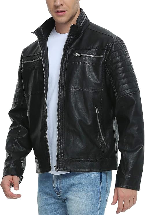 Fahsyee Men's Leather Jacket, Faux Motorcycle Vintage Stand Collar Punk