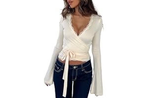 RARUXXIN Women Ballet Wrap Top Y2K Cross Tie Knot Long Sleeve Deep V Neck Slim Yoga Crop Shirts Sexy Fairy Coquette Blouses