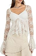 Women Y2k Lace Going Out Crop Top Cute Bell Long Sleeve Sheer Shirt V Neck Babydoll Blouse Tops Coquette Clothes