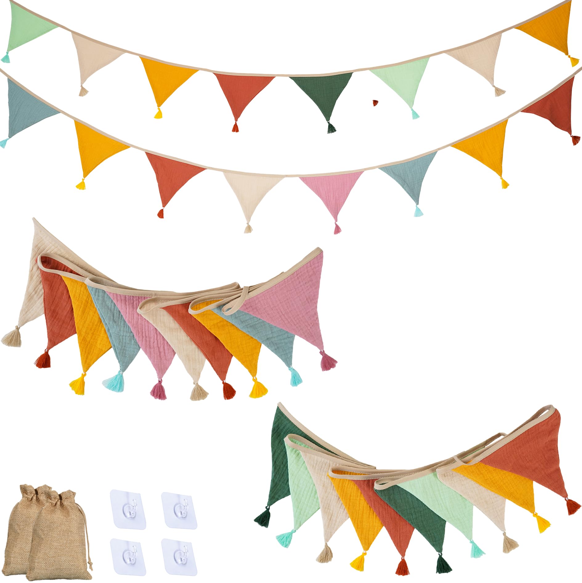 Solivive 8pcs Kids Fringed Triangle Bunting - 2 Fabric Banners (Pink Candy+Dark Candy) with 4 Drill-Free Acrylic Hooks, 2 Linen Bags, Ideal for Birthday/Kids' Room/Kindergarten/Camping Party Hanging