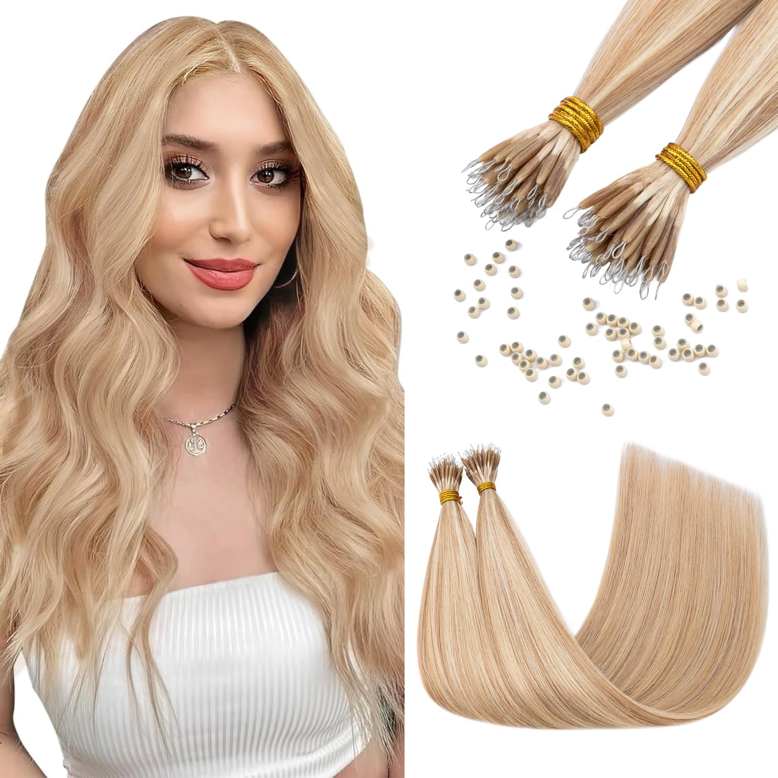 Elailite Hair Extensions Real Human Hair Nano Ring Nano Beads Hair Extension 50 Strands 35g Cold Fusion Straight （#18/613 Ash Blonde Mix Bleach Blonde, 24 Inch)