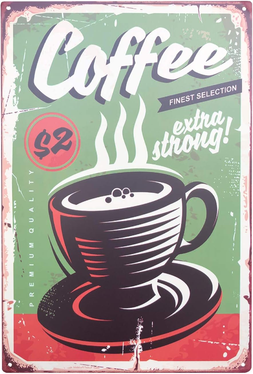 UNIQUELOVER Metal Coffee Sign, Extra Strong Coffee Vintage Retro Kitchen Metal Sign Wall Home Art Poster Plaque Decor 12 x 8 Inches /30 x 20cm