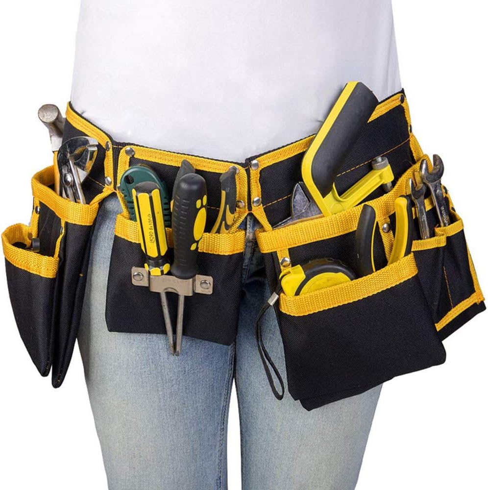 11 Pocket Tools Belt Bags with Hammer Holder, Adjustable Waist Bag Multipurpose Utility Tool Pouch with Pockets for Tools, Yellow - - 